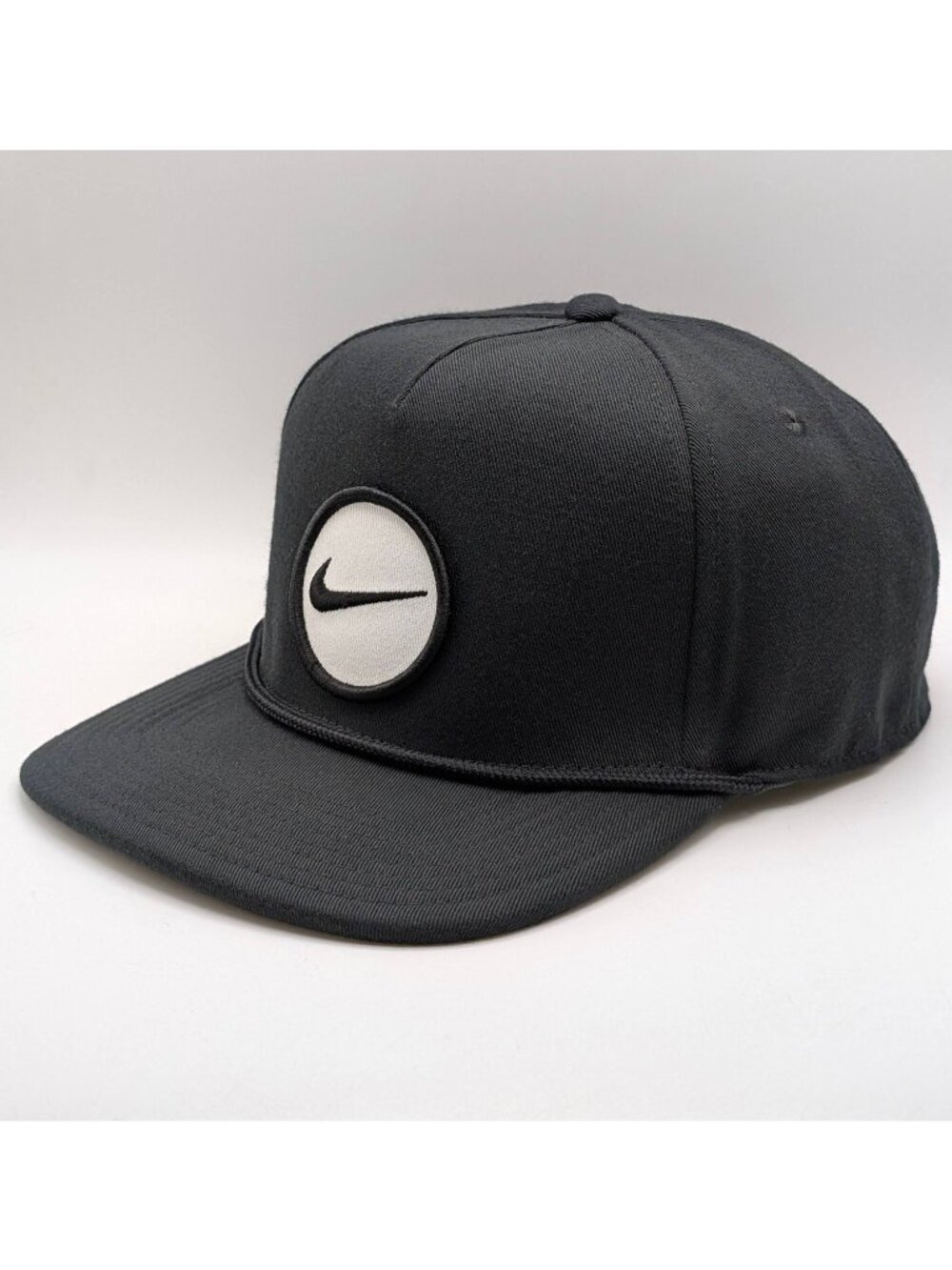 Nike Dri Fit Golf Pro Cap Size M/L Black White Center Swoosh Patch Snapback Hat